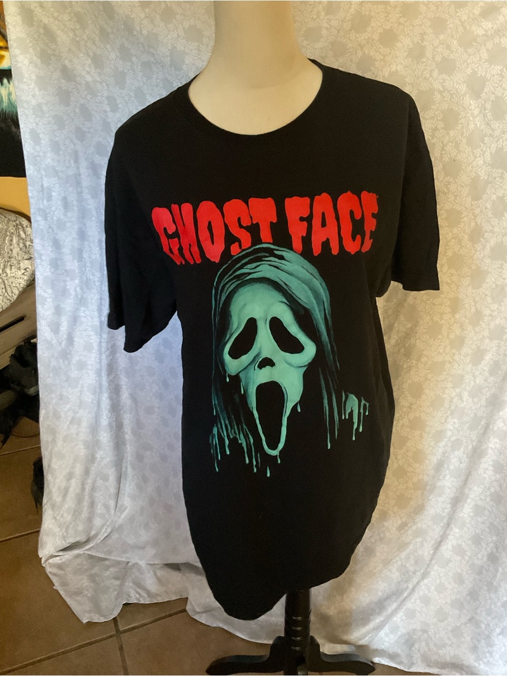 Black 'Ghost Face' Graphic Tee with Red & Teal Print